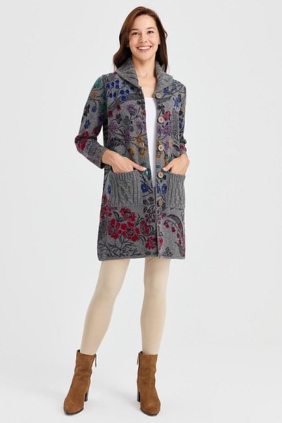 Desen Triko Women's Long Wool Cardigan with Smoked Color - Stand Collar and Ivy Floral Print