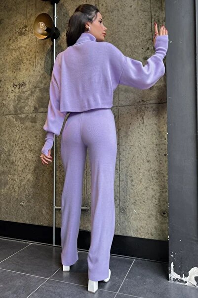 WOMAN VISION Lila kötött pulóver és magas derekú kötött nadrág - kézzel zárható garbó szett 015