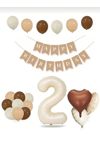 Zanzibar 2 İki Yaş Retro Doğum Günü Seti; Krem Rakam Folyo, Banner, Kalp Foly...