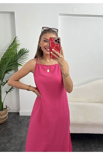 manana fashion Rochie Midi Fuchsia cu bretele din frânghie, cu fantă laterală