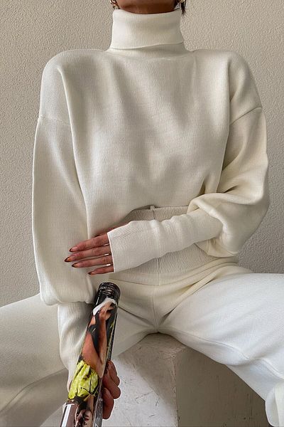 WOMAN VISION Ecru kötöttáru szett - Crop pulóver, garbó, magas derekú kötöttáru nadrág 015