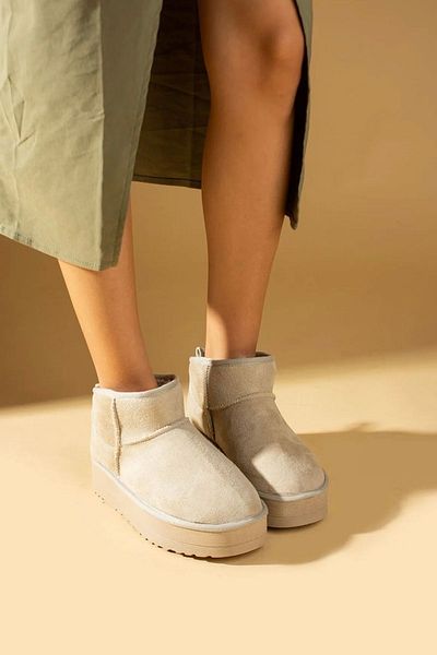 Victoria Shoes Μπεζ Suede Ultra Mini Boots - Γυναικεία Παπούτσια με Μαλλιά Εσωτερικά