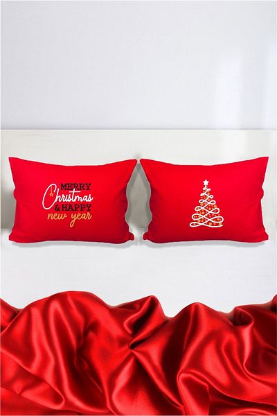 Hediyenza Mery Christmas and Happy New Year Gift Double Decorative Pillow Case 50x70 Cm - Red