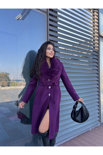 AFA Women's Fur Coat Purple Coat with Fur Collar Detail Premium Coat (Large Size Coat)