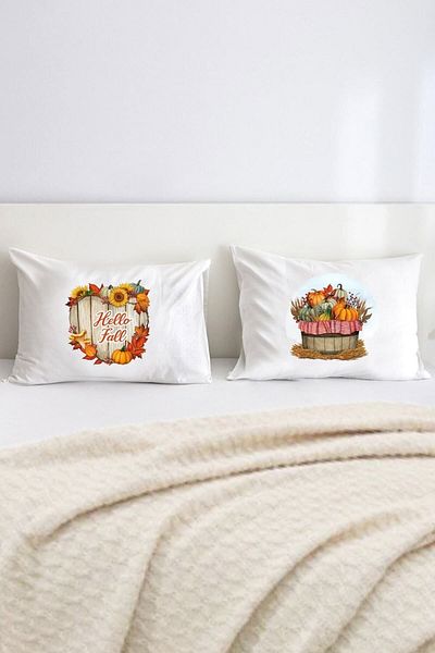 Hediyenza Hello Autumn - Fall - Pumpkin - Autumn Double Decorative Pillow Case 50x70 Cm - White