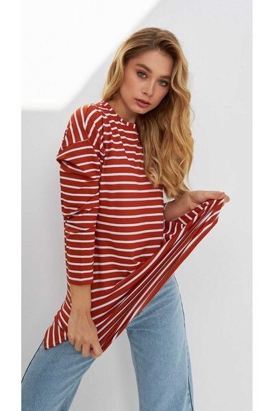 Rouge Kırmızı Beyaz Çizgili Kadın T-shirt