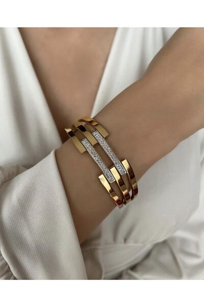 MEDJEWELRY Kaburga Model Kelepçe Bilezik - Çelik | Sürpriz Küpe Hediye