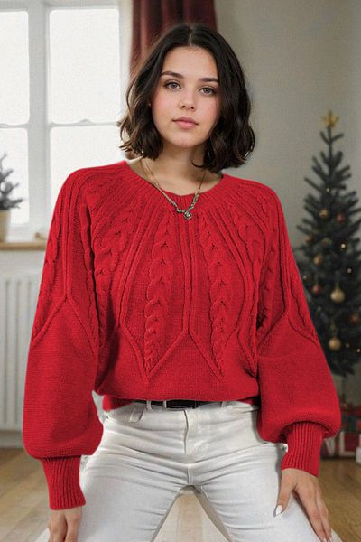 hanope Crew Neck Hair Knitted Patterned Red Knitwear Knitted Sweater