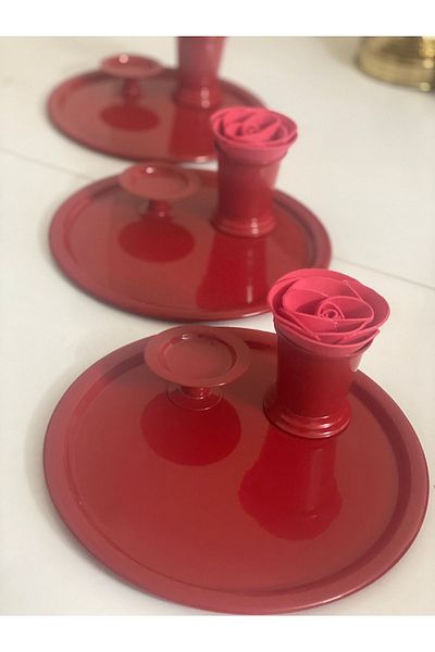 Elzem SET OF 3 RED ROUND TABLE MAKARON HOLDER AND ROSE BUCKET 9 PIECES