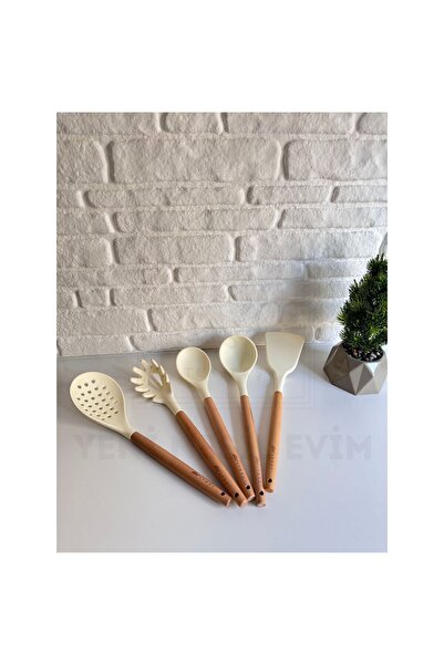 yeninesilevim 5'li Bambu Saplı Silikon Servis Seti Kepçe Kaşık Spatula Kevgir...