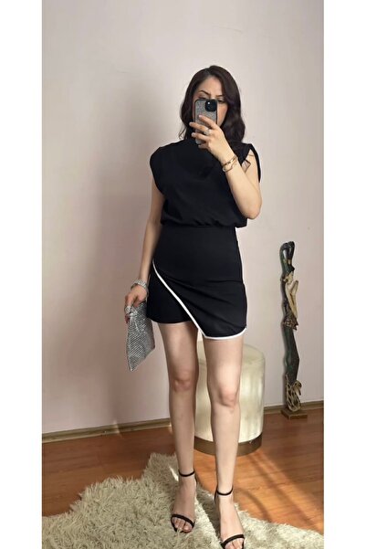 Meros Atelier Zr Model Siyah Beyaz Şeritli Asimetrik Şort Tulum