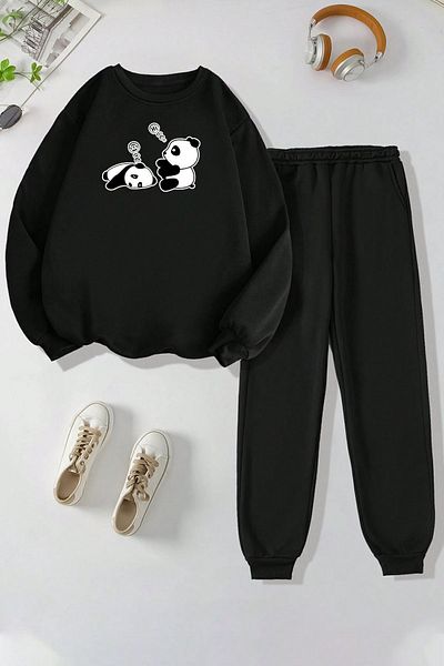 uyguntarz Σετ φόρμας Unisex Sleepy Panda Printed Crew Neck