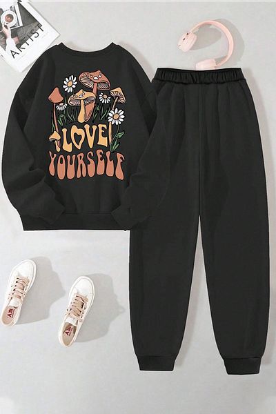 uyguntarz Unisex Love Yourself Printed Crew Neck Tracksuit Set