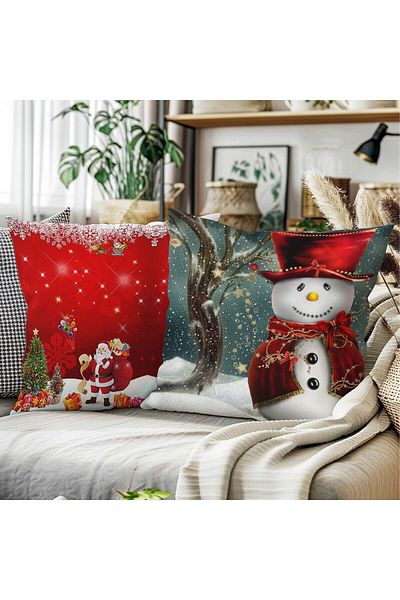 Sakallı New Year Themed Set of 2 Snowman and Santa Claus Patterned Red and White Digital Printing Throw Pillow Case Set