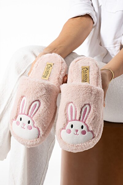 ALMİNA Rabbit Embroidered Plush Fluffy Women's Home Slippers - Silent Sole Dowry Slippers
