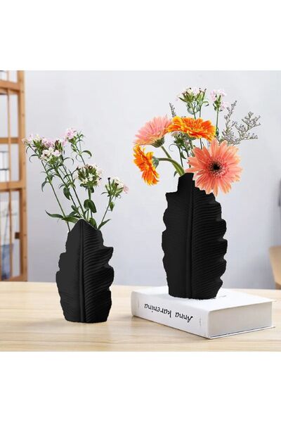 Lui Tasarım Siyah Modern Iskandinav Bohem Yaprak Vazo 2li Set