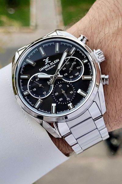 Daniel Klein Men's Black Silver Colored Calendar Wrist Watch - Gift Packed