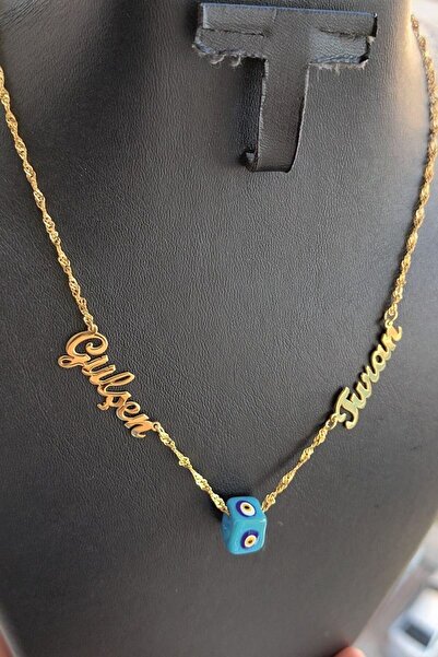 ÖZGÜR TAKI 925 Ayar Gümüş 24 Ayar Altın Kaplama 2 İsimli Nazar Boncuklu Kolye