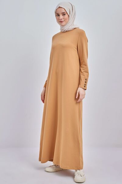 ALLDAY Φόρεμα από βαμβακερό μουσταρδί μανίκια με κουμπιά, χτενισμένο βαμβακερό φόρεμα