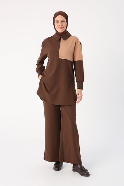 ALLDAY Bitter Brown Two Color Glitter Detailed Trousers Suit