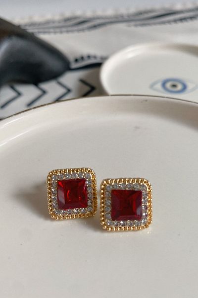 Dora Accessories Μικρό τετράγωνο κόκκινο πέτρινο χρυσό χρώμα βραδινό φόρεμα γυναικεία σκουλαρίκια