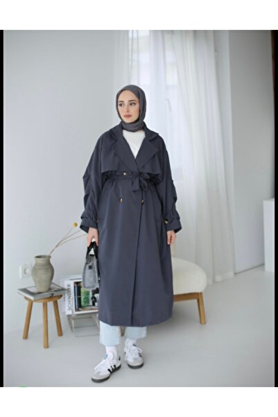 manana fashion Lacivert   Kuşaklı Kruvaze Uzun  Trençkot