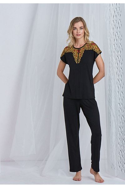 CAROLINE Set de pijamale cu guler din dantelă, fără umăr, viscoză