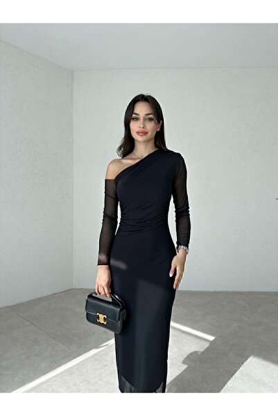 manana fashion Tek Omuz Kolu Tül Detay Midi Şık Elbise Siyah
