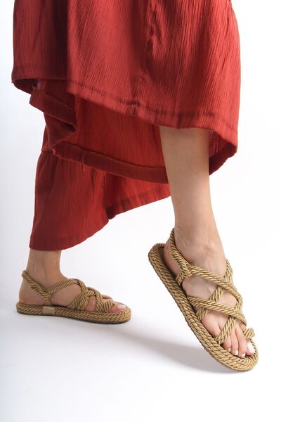 LEMİR FURNİTURE Straw Women's Sandals - Rope Gold