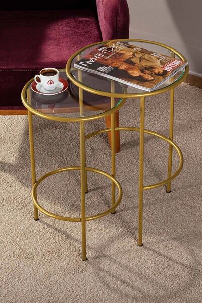 tino furniture Lotus 2'lİ Şeffaf Camlı Gold Zigon Sehpa