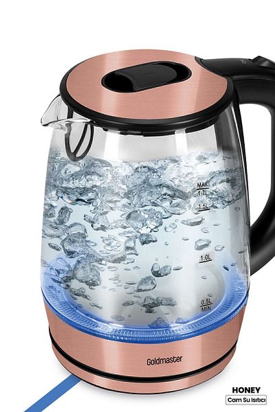 GOLDMASTER Honey Rose Gold Stainless Steel 2200 Watt 1.7 Liter Lighted Glass Kettle Water Heater