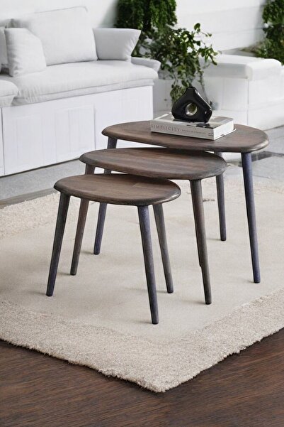 BAUPOR Doğal Ahşap Zigon Sehpa, Masif 3'lü Set, Modern Masif Yan Sehpa