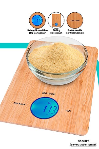 GOLDMASTER Ecolife Geniş Led Ekranlı Dijital Hassas 1gr-5kg Bambu Mutfak Tartısı Terazisi