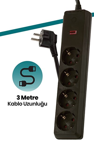 GOLDMASTER Akım Korumalı Çocuk Koruma Kilitli 3 Metre Kablo Uzunluklu 4'lü Grup Priz