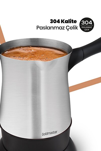 GOLDMASTER Hoş Sohbet Paslanmaz Çelik Porselen 2’li Kahve Fincanı Hediyeli Elektrikli Cezve Kahve Seti Inox