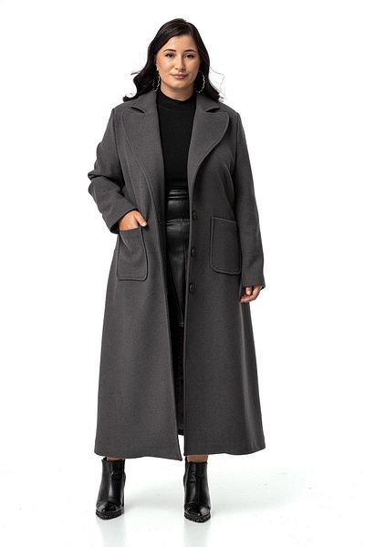 DISENTIS MODEST Anthracite Colored Long Stamp Coat - Plus Size, Pockets and Lined