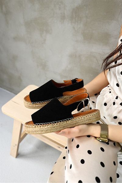 NILUFARR Arya Black Suede Genuine Leather Women's Espadrille Sandals