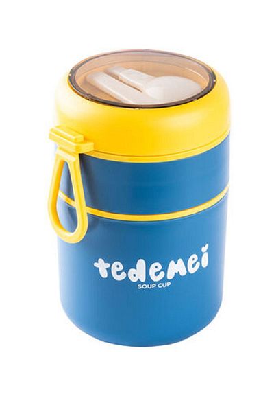 PeriStore Tedemei Blue - Stainless Steel Round, 2-Layer Gray Food Carrying Box with Plastic Spoon 710ml
