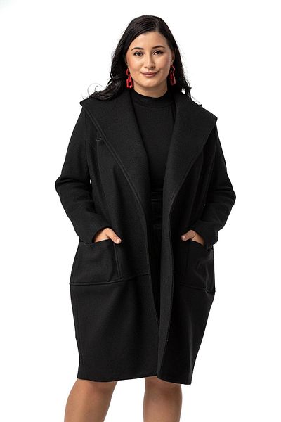 DISENTIS MODEST Large Size Black Stamp Coat - with Bag Pocket and Lining