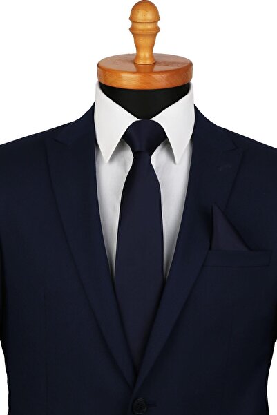 La Pescara Plain Satin Navy Blue Tie with Handkerchief 1120