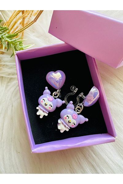 1PARÇAMAVİ Purple Kuromi Transparent Children's Earrings with Punched Hole - Punched Without Hole