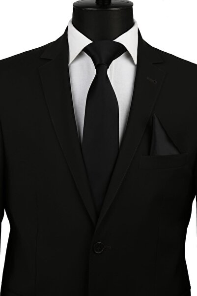 La Pescara Plain Satin Black Tie with Handkerchief 1111