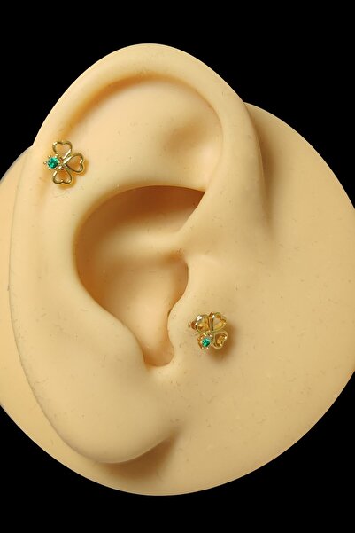Salyangoz Company Cerrahi Çelik Yeşil Taşlı Gold Renk Yonca Model Tragus,kıkırdak,helix Piercing Yeynca01