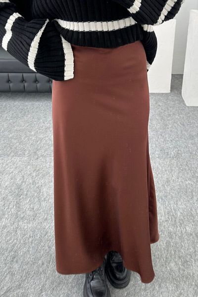 KaSheHa Brown Satin Fabric Elastic Waist Long Bell Skirt 91 cm