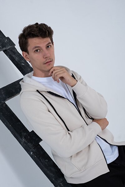 THE RULE Erkek Bej Regular Fit Kapüşonlu Yaka Fermuarlı Içi Yumuşak Tüylü Cepli Rahat Sweatshirt