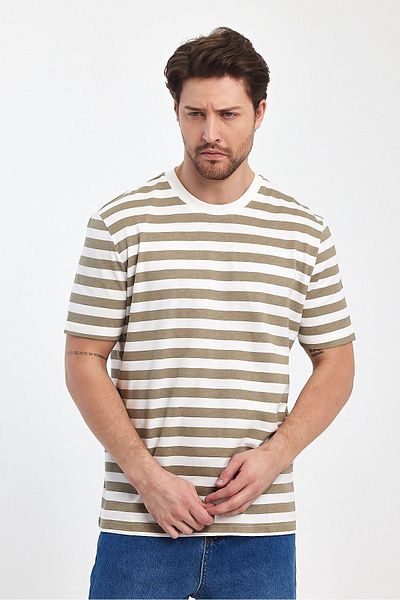 THE RULE Men's Coffee - White Regular Fit Comfortable Cut Crew Neck 100% Cotton Striped T-Shirt
