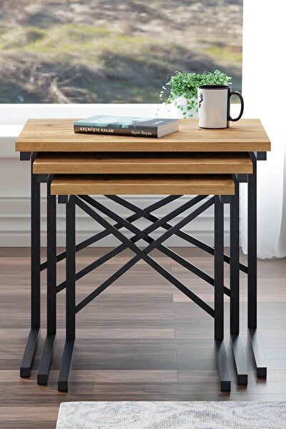 Ceramical Zg1 Metal Ayaklı 3'lü Zigon Sehpa - Çam