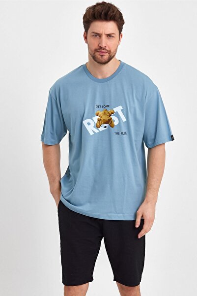 THE RULE Ανδρικό Teddy Bear με στάμπα Oversize 100% βαμβακερό φαρδύ φαρδύ λαιμόκοψη με απαλή υφή μπλε μπλουζάκι