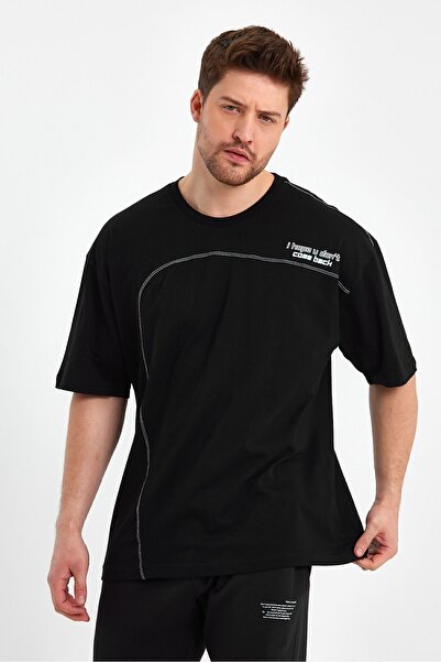 THE RULE Ανδρικό μπλουζάκι με στάμπα από 100% βαμβάκι με λεπτομέρεια φαρδιά ραφή με λαιμόκοψη