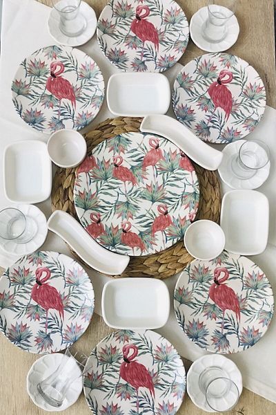 GULHANILE Pink Flamingo Breakfast Set for 6 Persons, 27 Pieces